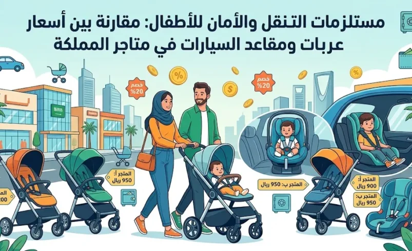 مستلزمات التنقل والأمان للأطفال: مقارنة بين أسعار عربات ومقاعد السيارات في متاجر المملكة.